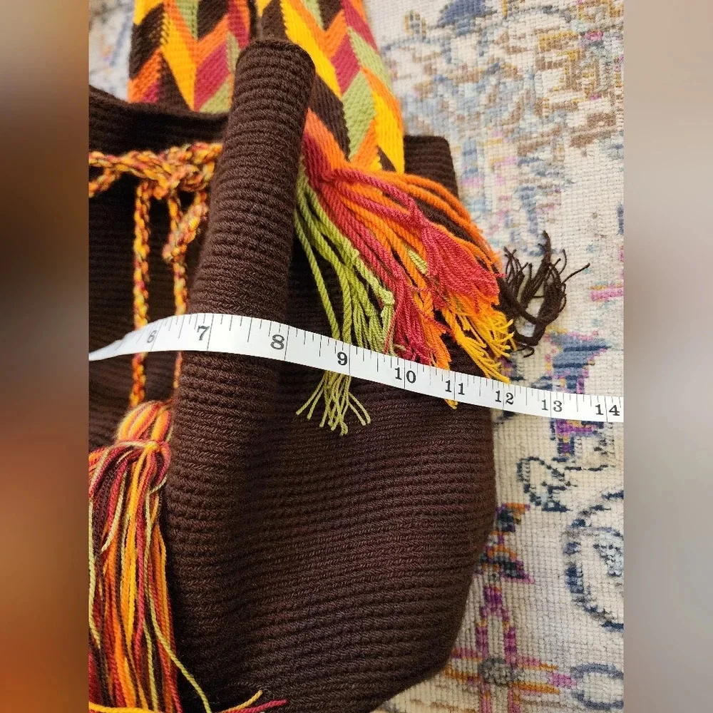 Hand Knit Wiven Brown Orange Buckwt Crossbody Bag - Picture 12 of 13
